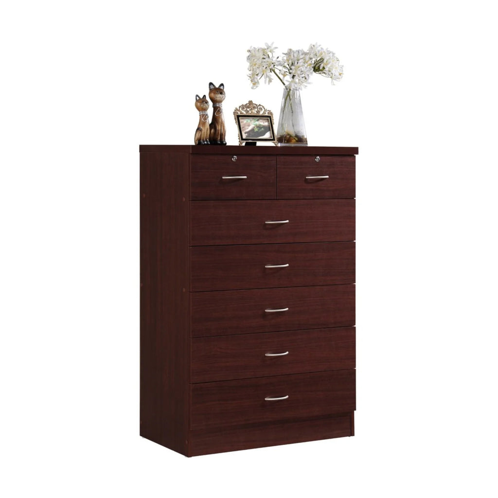 7 Drawer Wooden Dresser Chest with 2 Top Locks, Cherry R81332