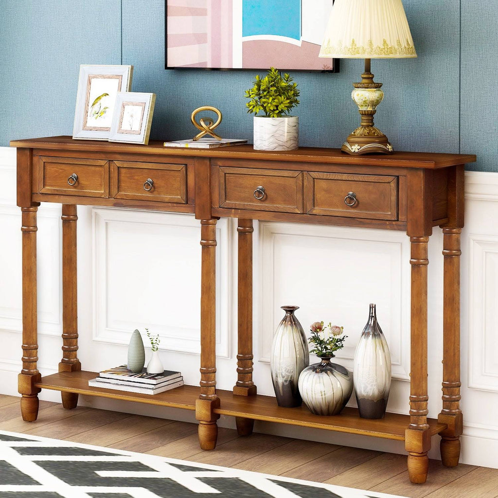 Walnut Rectangular Console Table with Drawers and Long Shelf P8329