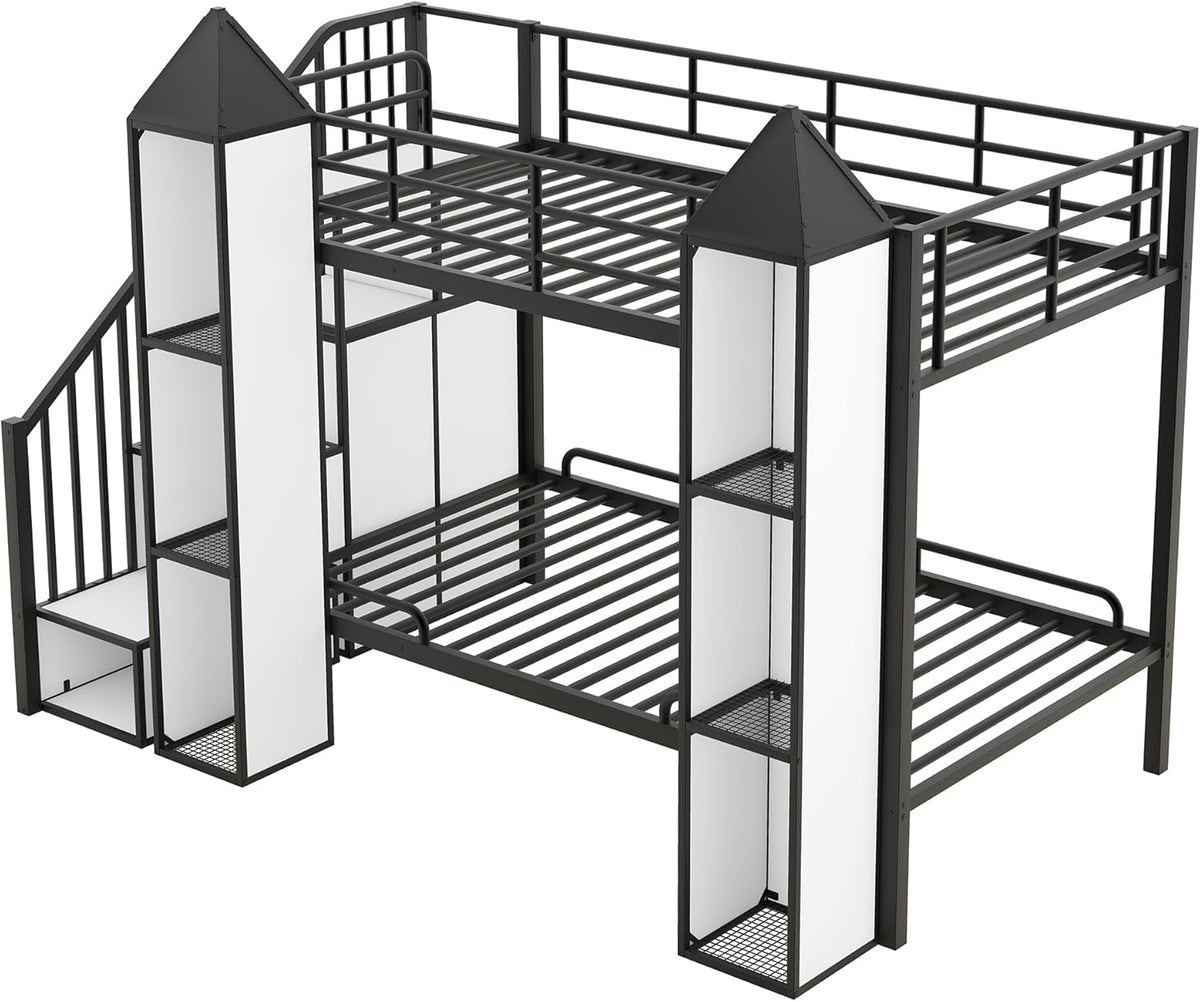 Black+White Twin Over Twin Metal Bunk Bed with Stairs and Storage U949
