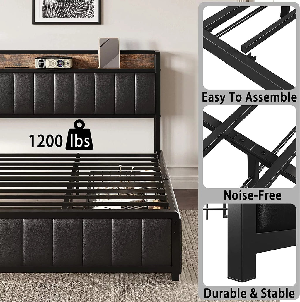 Queen Bed Frame with Storage Drawers Headboard N548