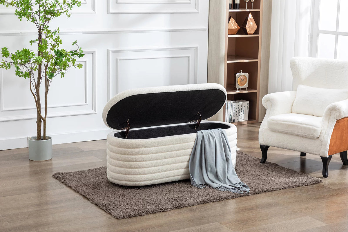 White Upholstered Faux Fur Storage Ottoman Bench L362
