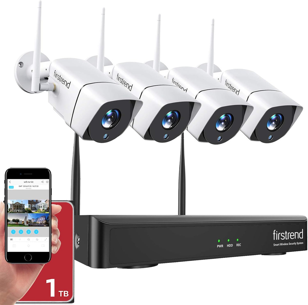 Wireless 1080P 8CH Security Camera System with 4pcs 2MP Cameras 1TB HDD Night Vision F45517