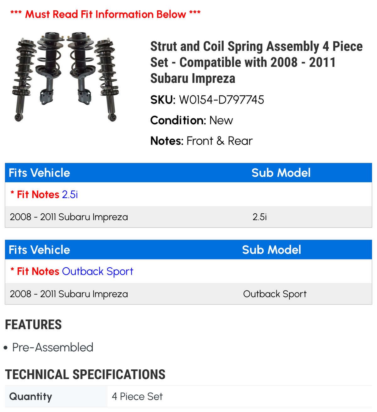 Strut and Coil Spring Assembly 4 Piece Set M417889