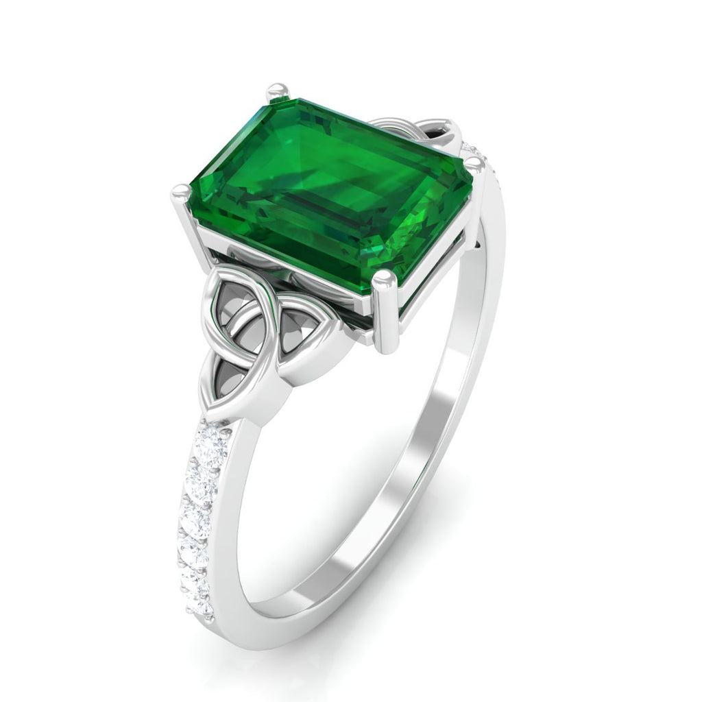 Emerald Solitaire Celtic Ring with Diamond - 6X8 mm, 925 Sterling Silver, US 13.00 J626