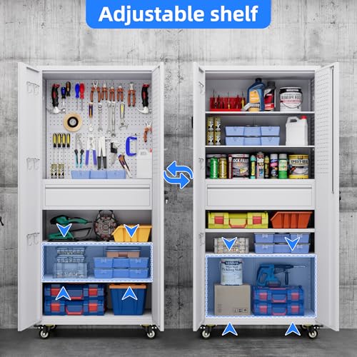 Metal Storage Cabinet with Wheels, 1 Drawer and 2 Adjustable Shelves, Black and White G466