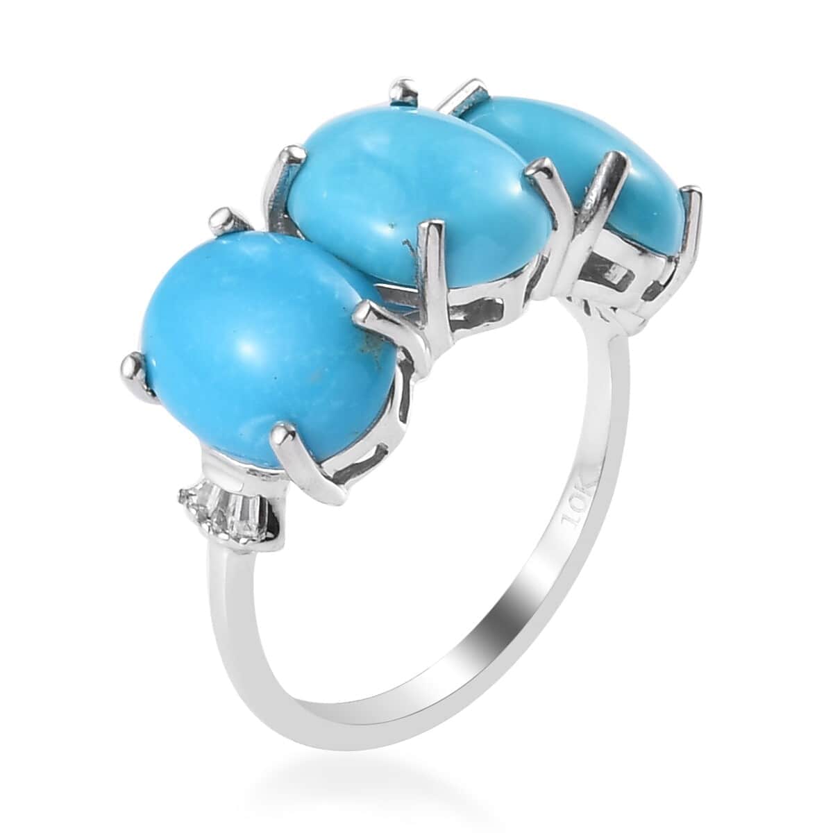 10K White Gold Oval Turquoise Diamond 3 Stone Ring Size 9 D25590