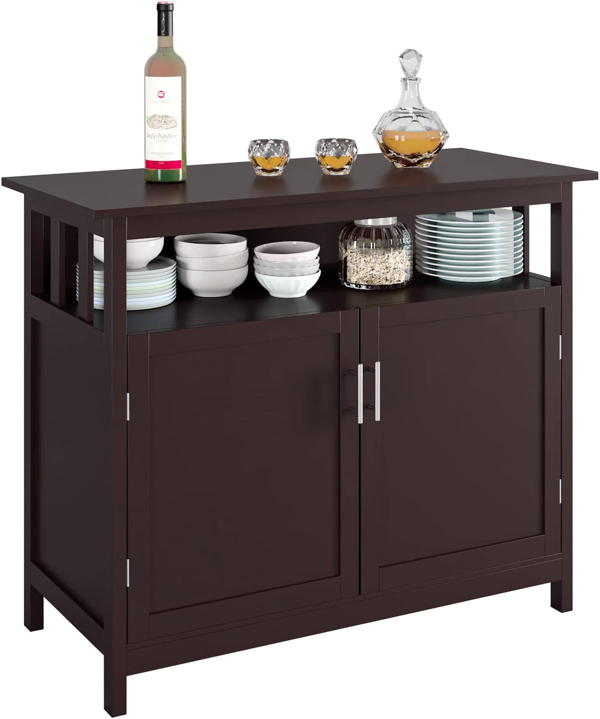 White Kitchen Sideboard Cabinet with 2 Doors and Display Shelves Q9741