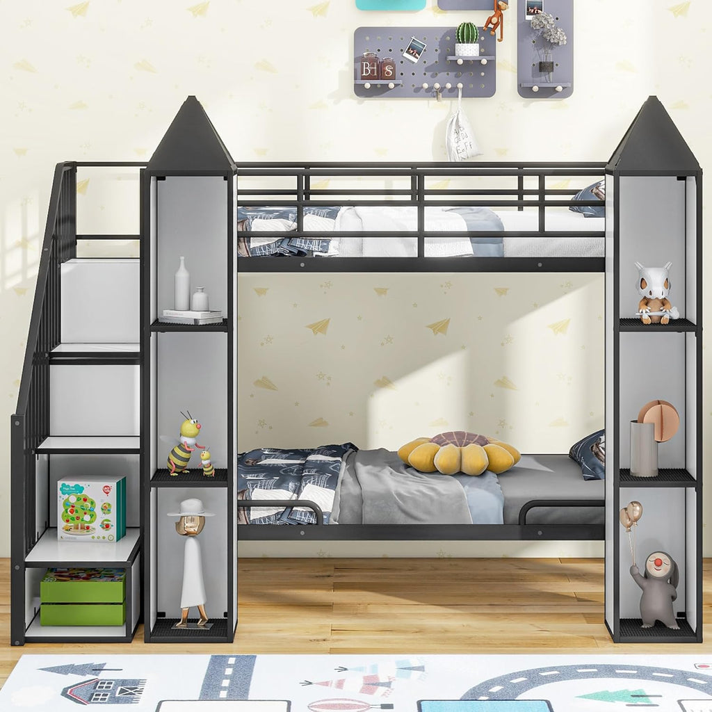 Black+White Twin Over Twin Metal Bunk Bed with Stairs and Storage U949