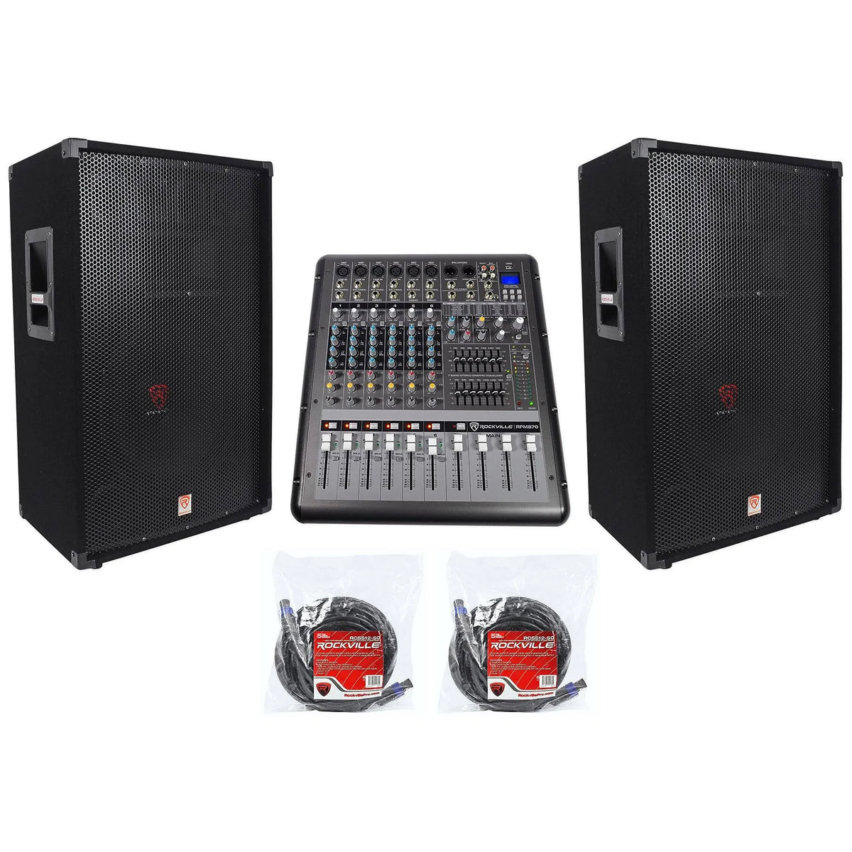 15 3WAY 3000W PA Speakers with Powered Mixer and Cables E583