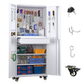 Metal Storage Cabinet with Wheels, 1 Drawer and 2 Adjustable Shelves, Black and White G466
