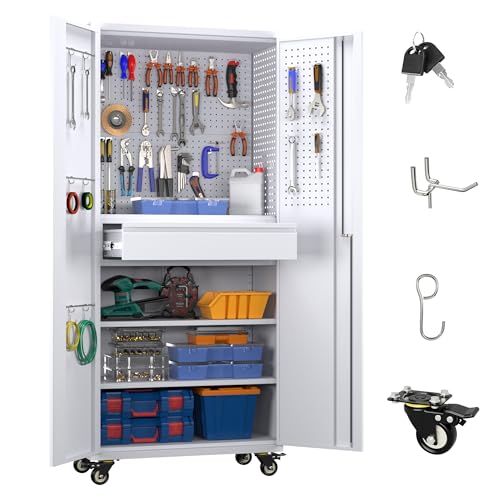 Metal Storage Cabinet with Wheels, 1 Drawer and 2 Adjustable Shelves, Black and White G466