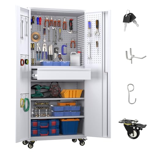 Metal Storage Cabinet with Wheels, 1 Drawer and 2 Adjustable Shelves, Black and White G466