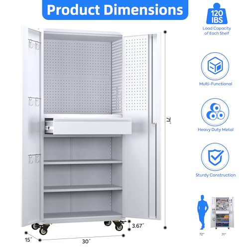 Metal Storage Cabinet with Wheels, 1 Drawer and 2 Adjustable Shelves, Black and White G466