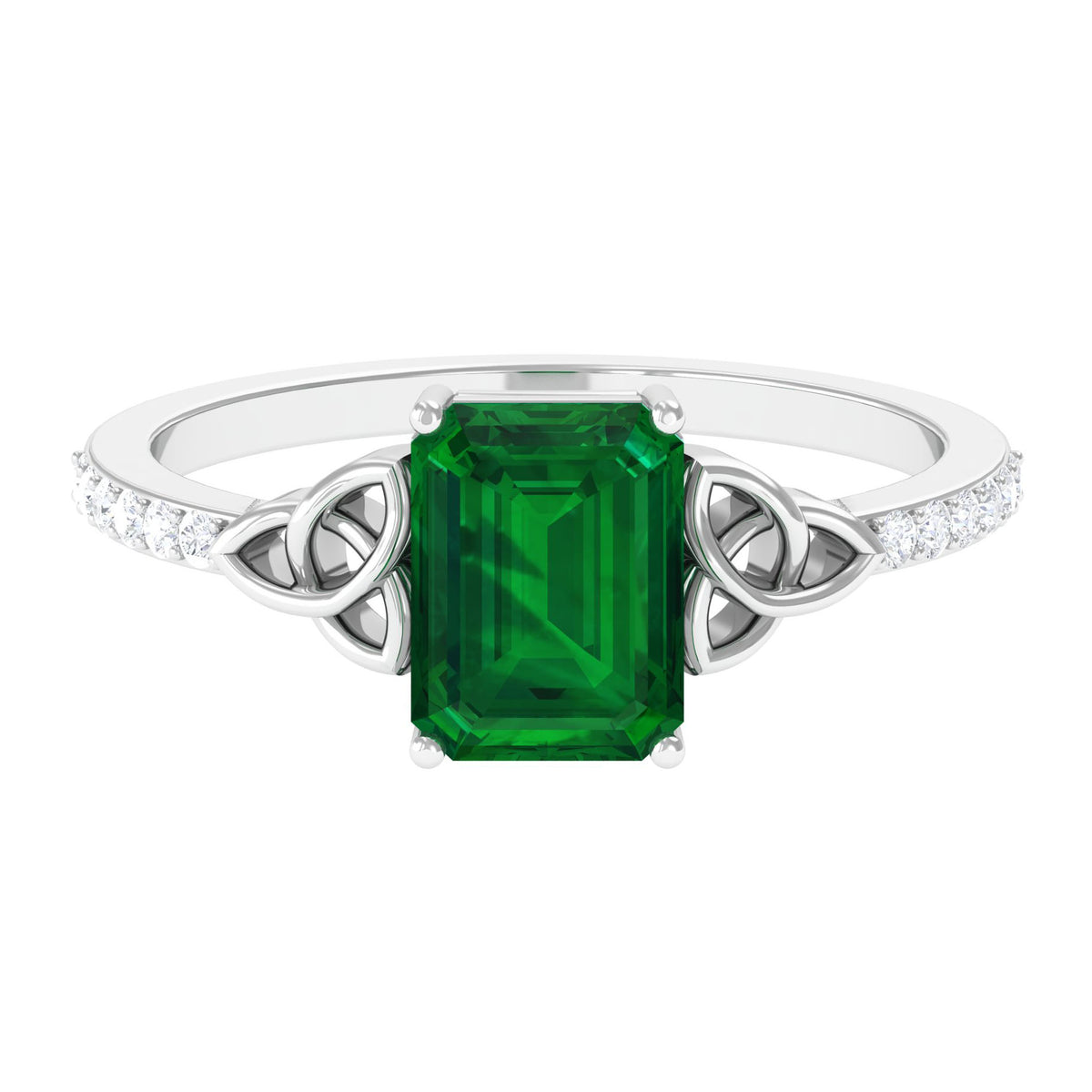 Emerald Solitaire Celtic Ring with Diamond - 6X8 mm, 925 Sterling Silver, US 13.00 J626