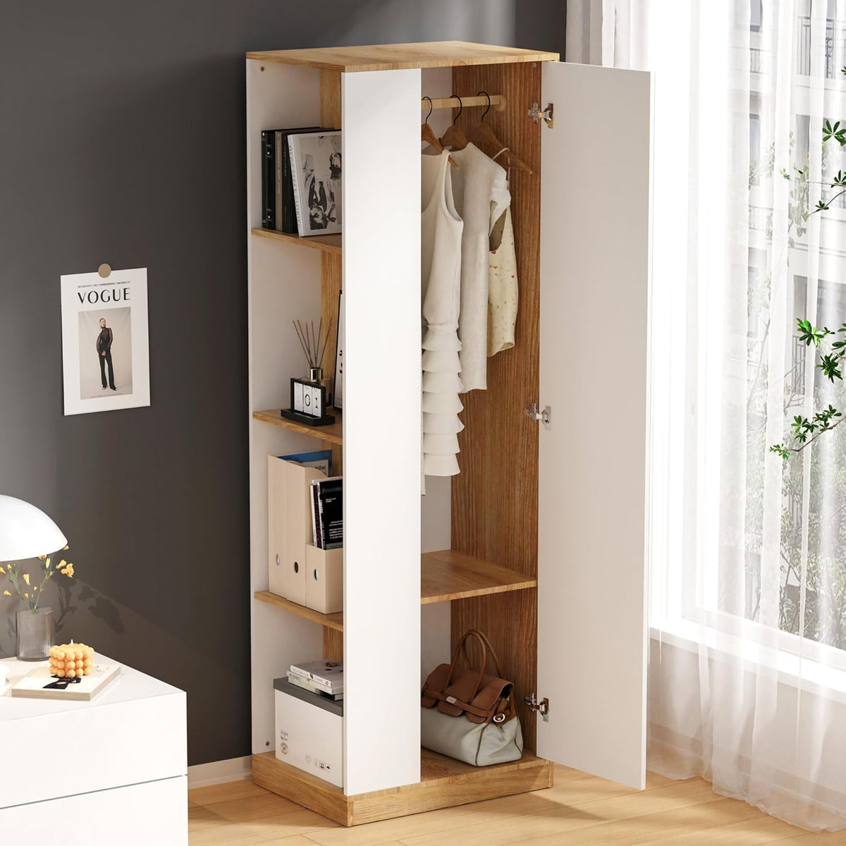 White Wardrobe Closet with Hanging Rail, 16" D x 24" W x 71" H O2556
