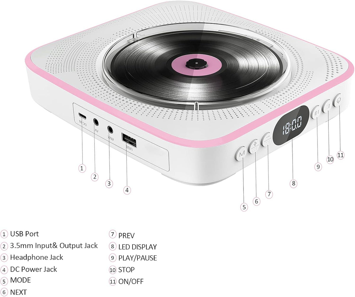 Pink Portable CD Player with Bluetooth, FM Radio, Headphone Jack, AUX Input & Output, Pack of 2 O5419