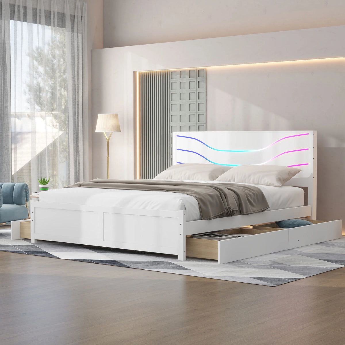White Queen Size Wood Storage Platform Bed with 4 Drawers Y4942