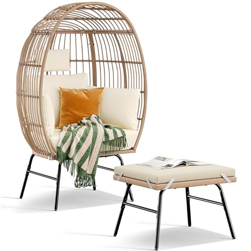 Beige Rattan Egg Chair with Ottoman Steel Frame Y395