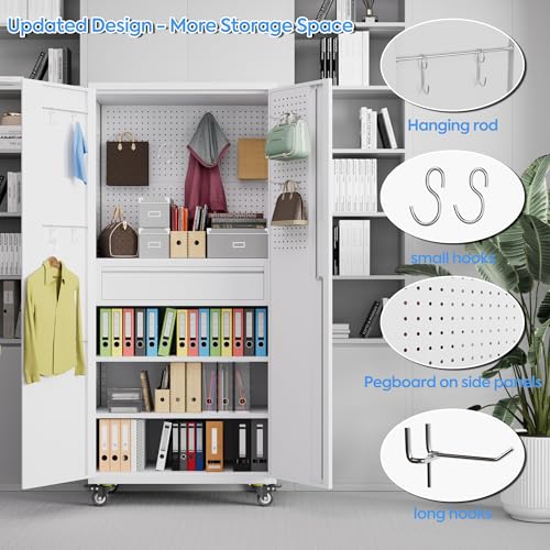 Metal Storage Cabinet with Wheels, 1 Drawer and 2 Adjustable Shelves, Black and White G466
