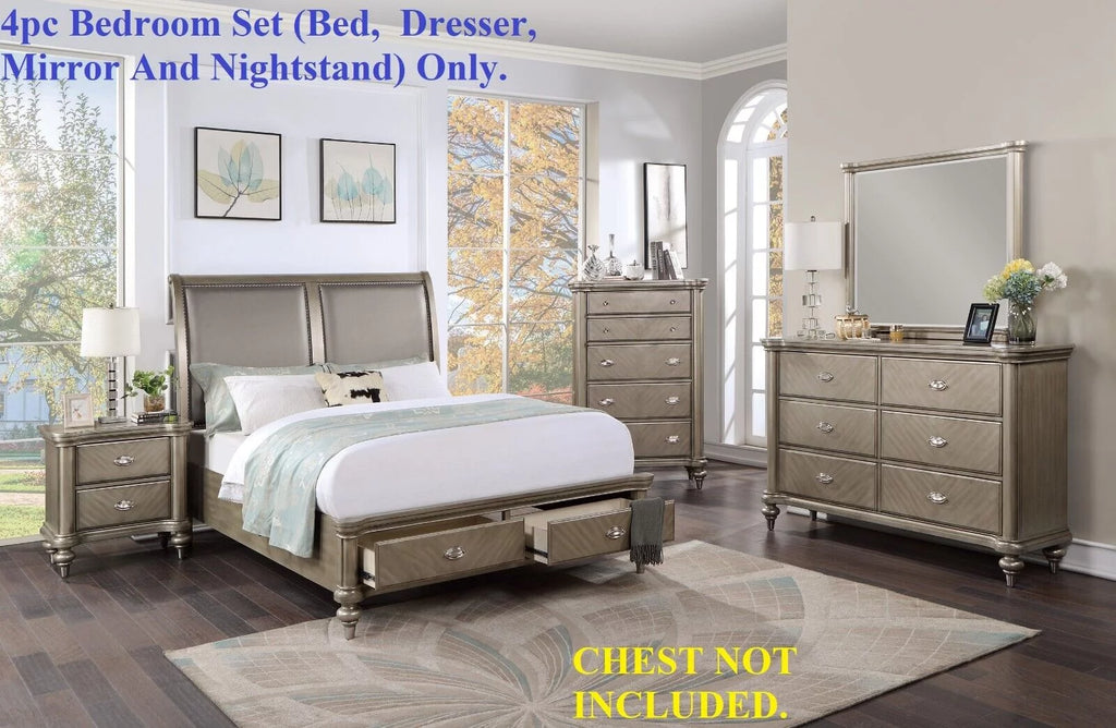 Grey 4pc Eastern King Size Bedroom Furniture Set with Dresser Mirror Nightstand I211404