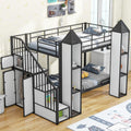 Black+White Twin Over Twin Metal Bunk Bed with Stairs and Storage U949