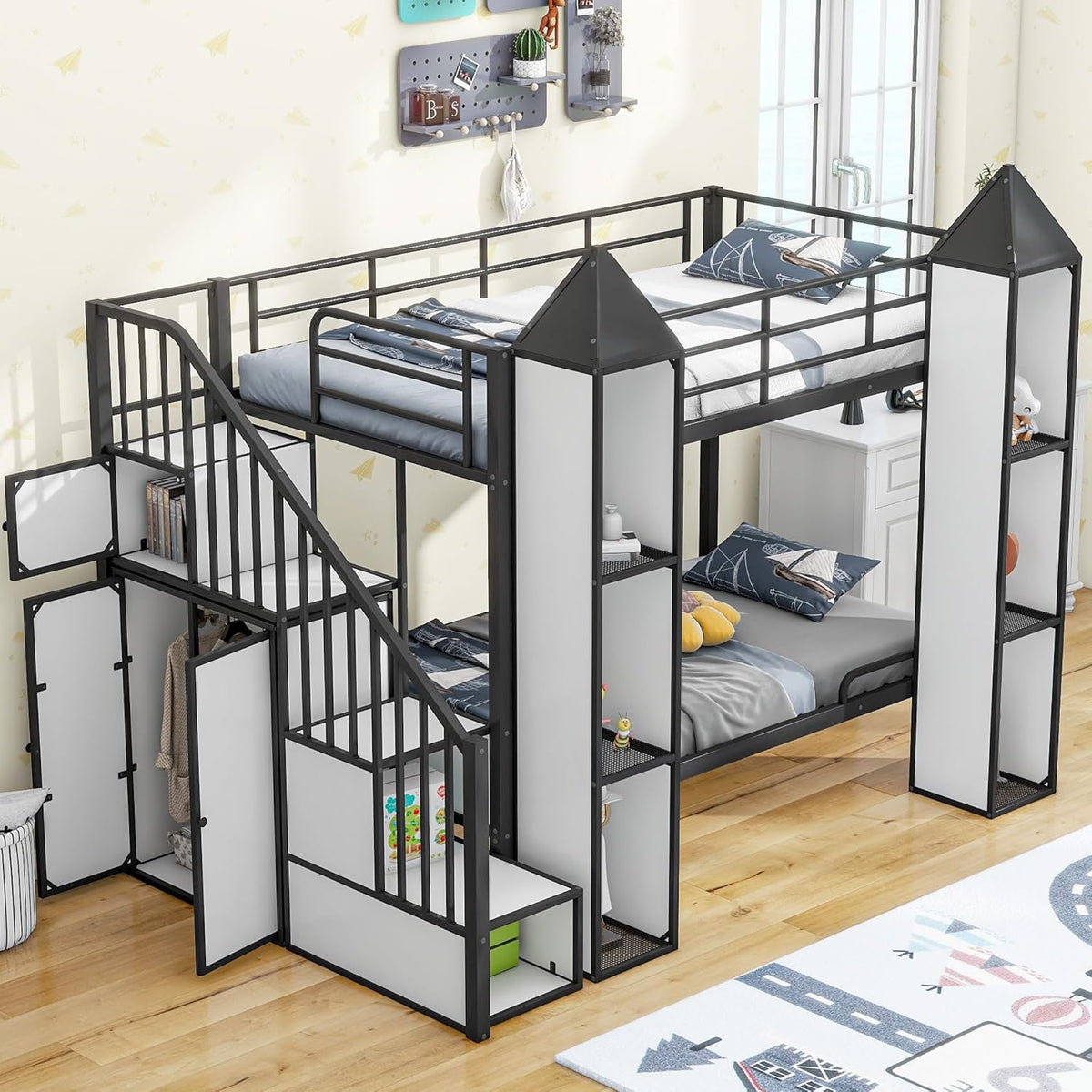 Black+White Twin Over Twin Metal Bunk Bed with Stairs and Storage U949