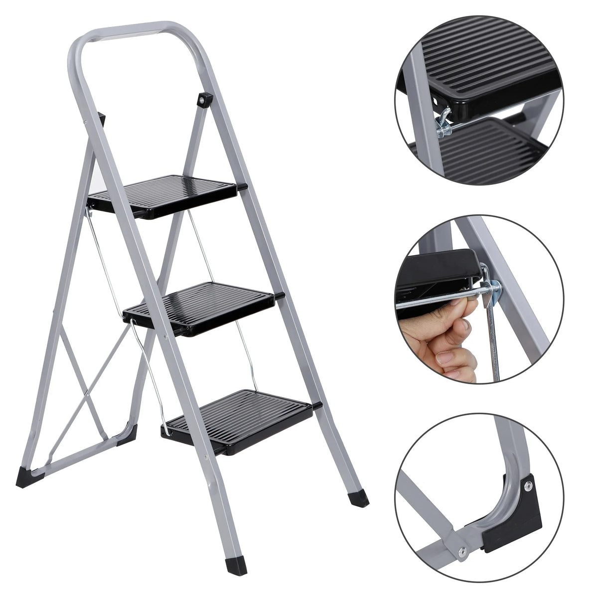 3 Step Folding Step Stool 330lbs Capacity Silver D865