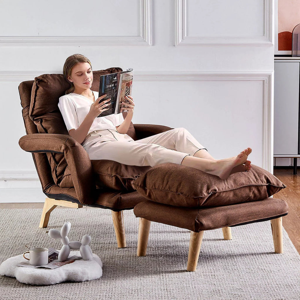 Brown Linen Accent Chair with Ottoman L843