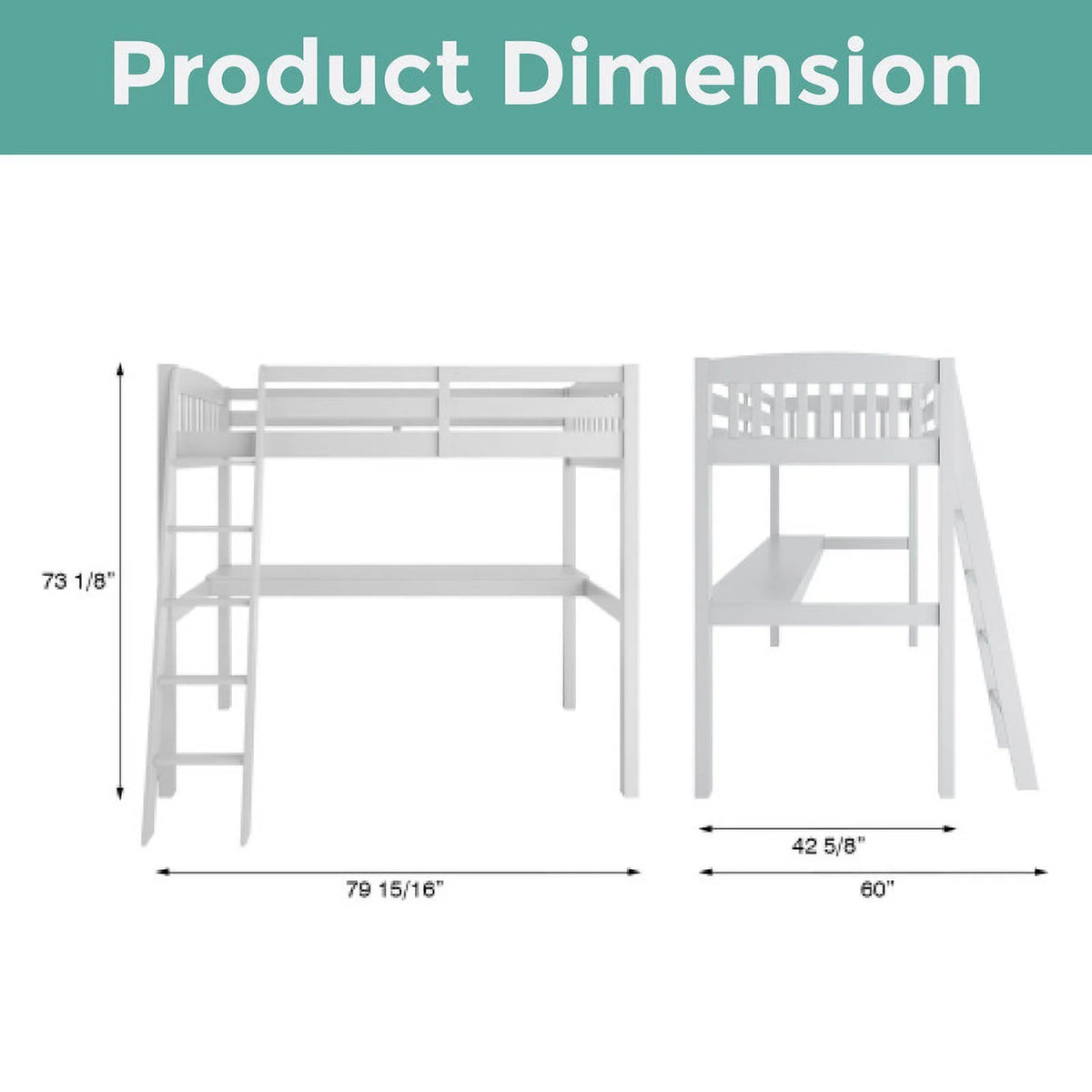 White Solid Wood Loft Bunk Bed with Desk N7496