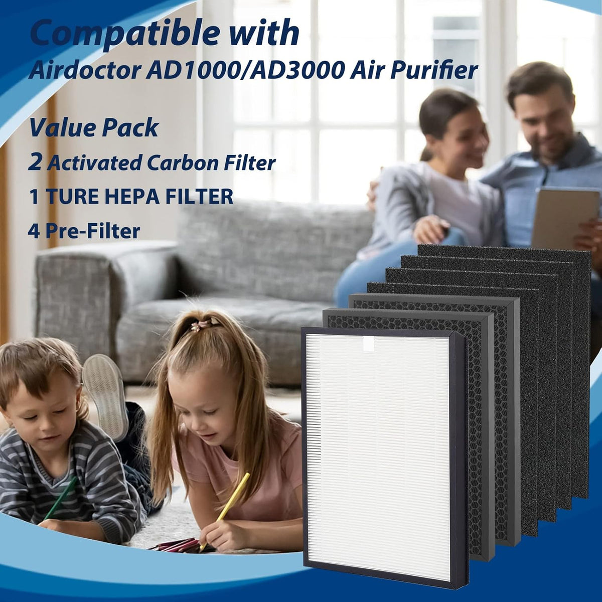 True HEPA Filter Replacement Set with 2 Activated Carbon Filters and 4 Pre-Filter T22206