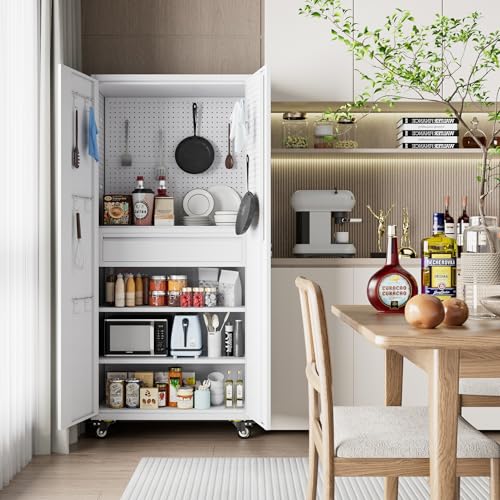 Metal Storage Cabinet with Wheels, 1 Drawer and 2 Adjustable Shelves, Black and White G466