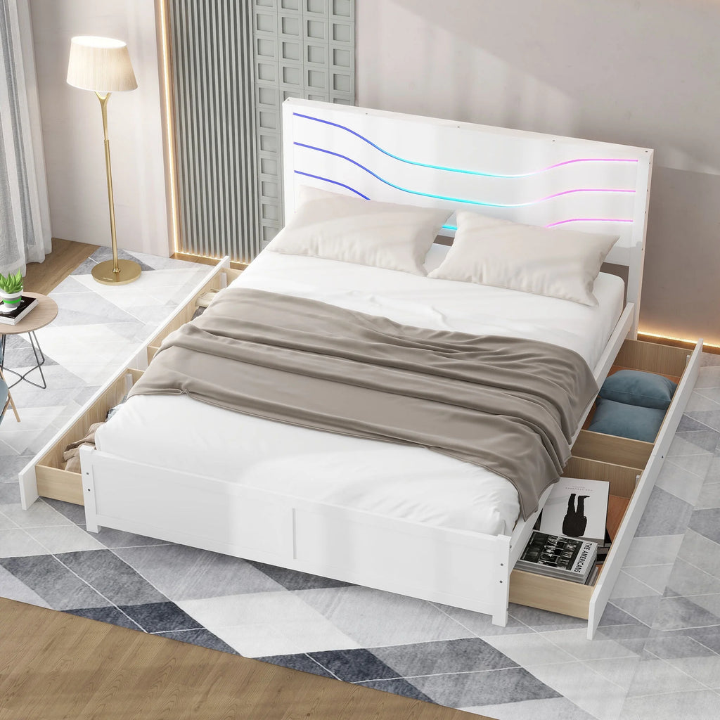 White Queen Size Wood Storage Platform Bed with 4 Drawers Y4942