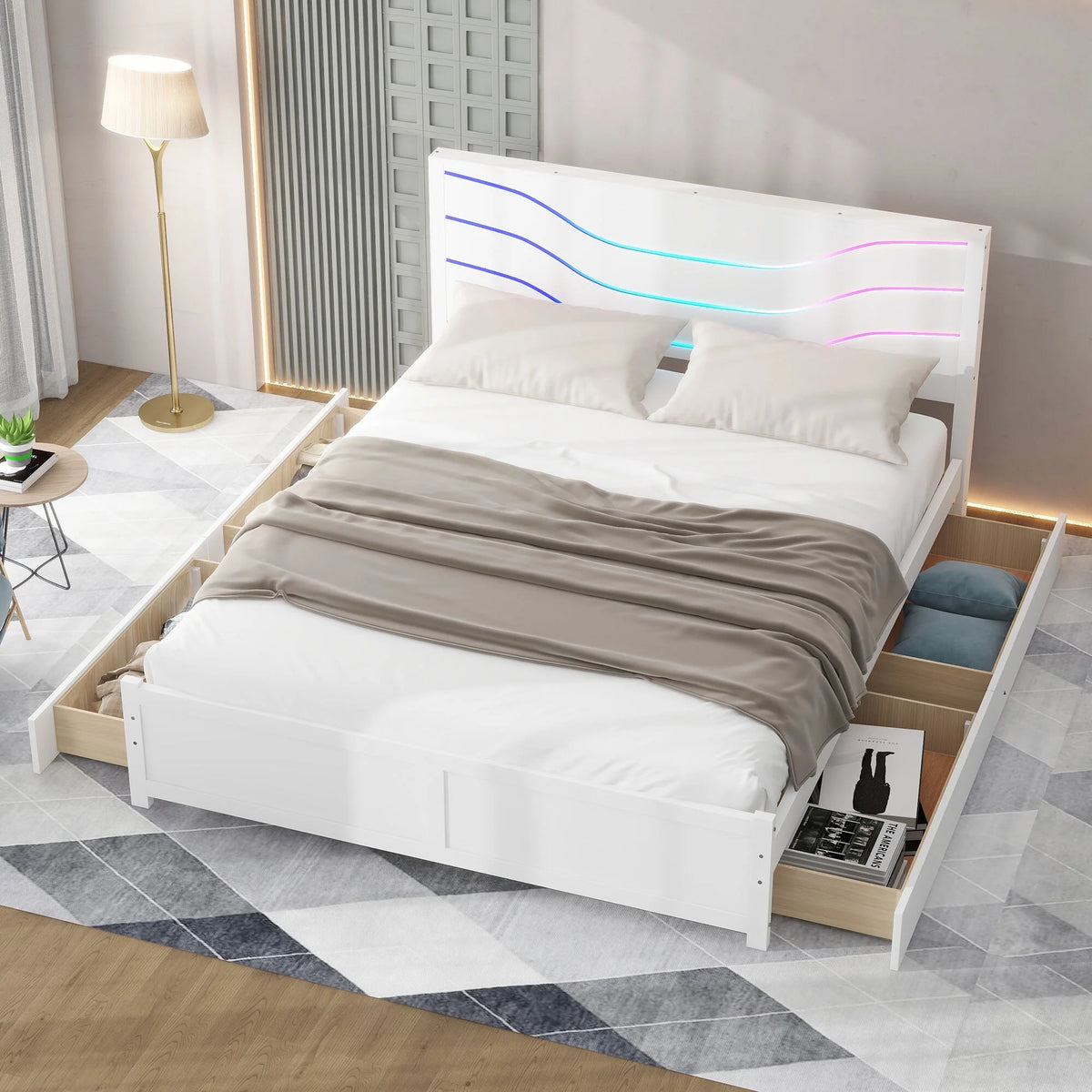 White Queen Size Wood Storage Platform Bed with 4 Drawers Y4942