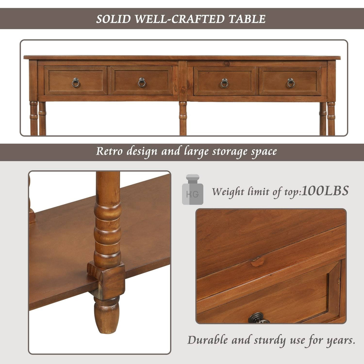 Walnut Rectangular Console Table with Drawers and Long Shelf P8329