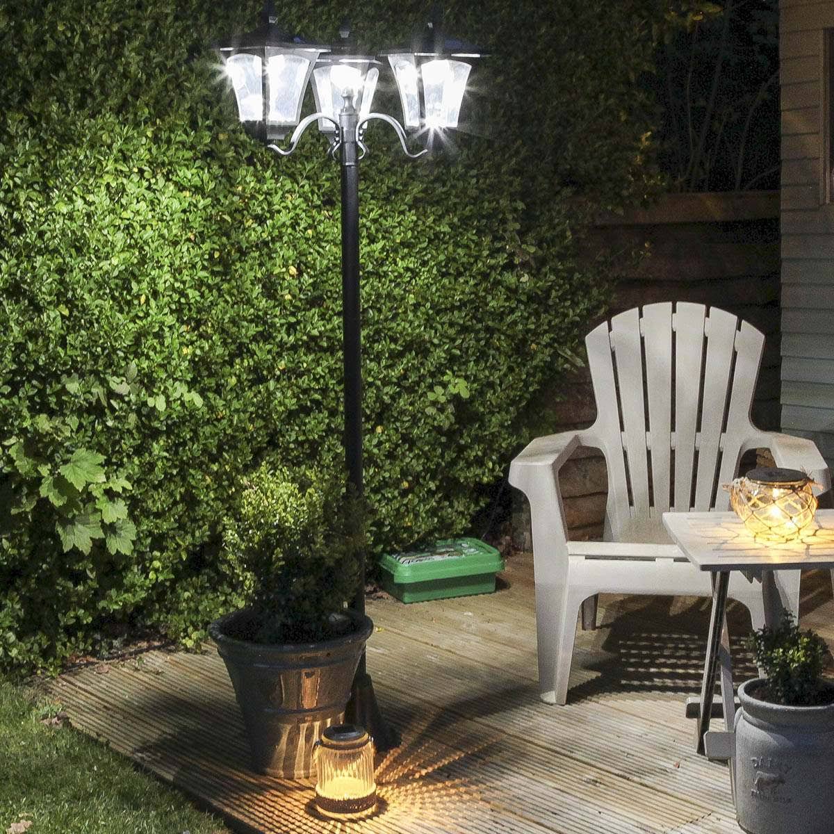 Large Black Triple Head Solar Security Lamp Post, White LEDs, 2.1m U2577
