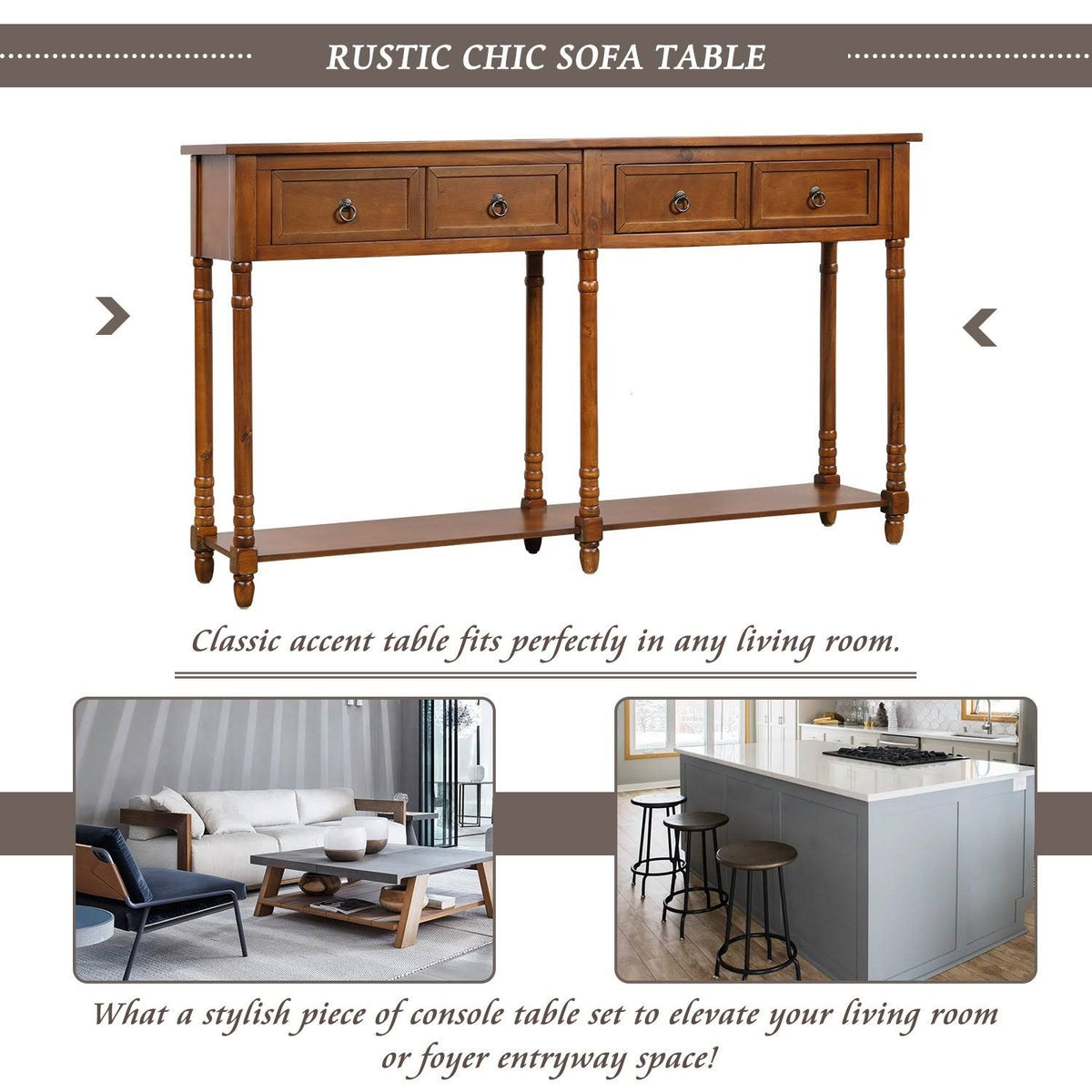 Walnut Rectangular Console Table with Drawers and Long Shelf P8329