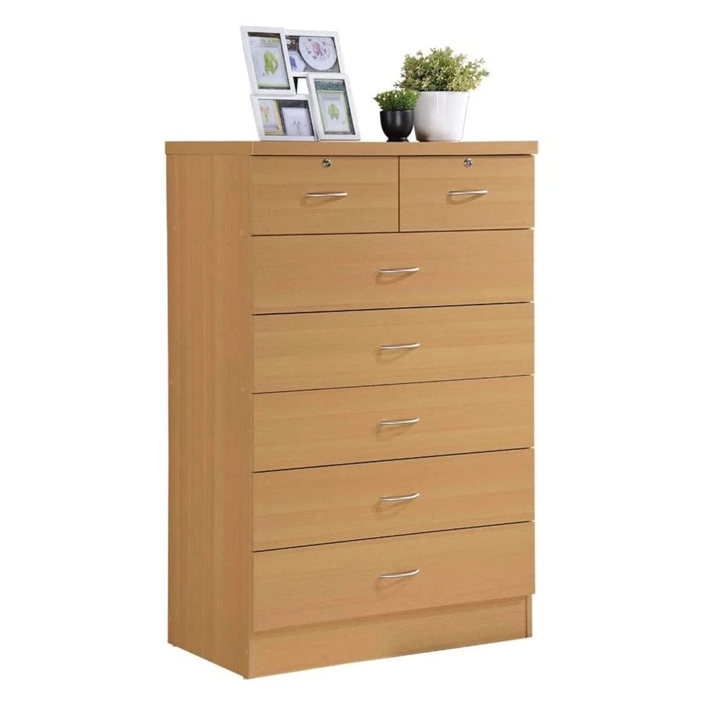 7 Drawer Wooden Dresser Chest with 2 Top Locks, Cherry R81332