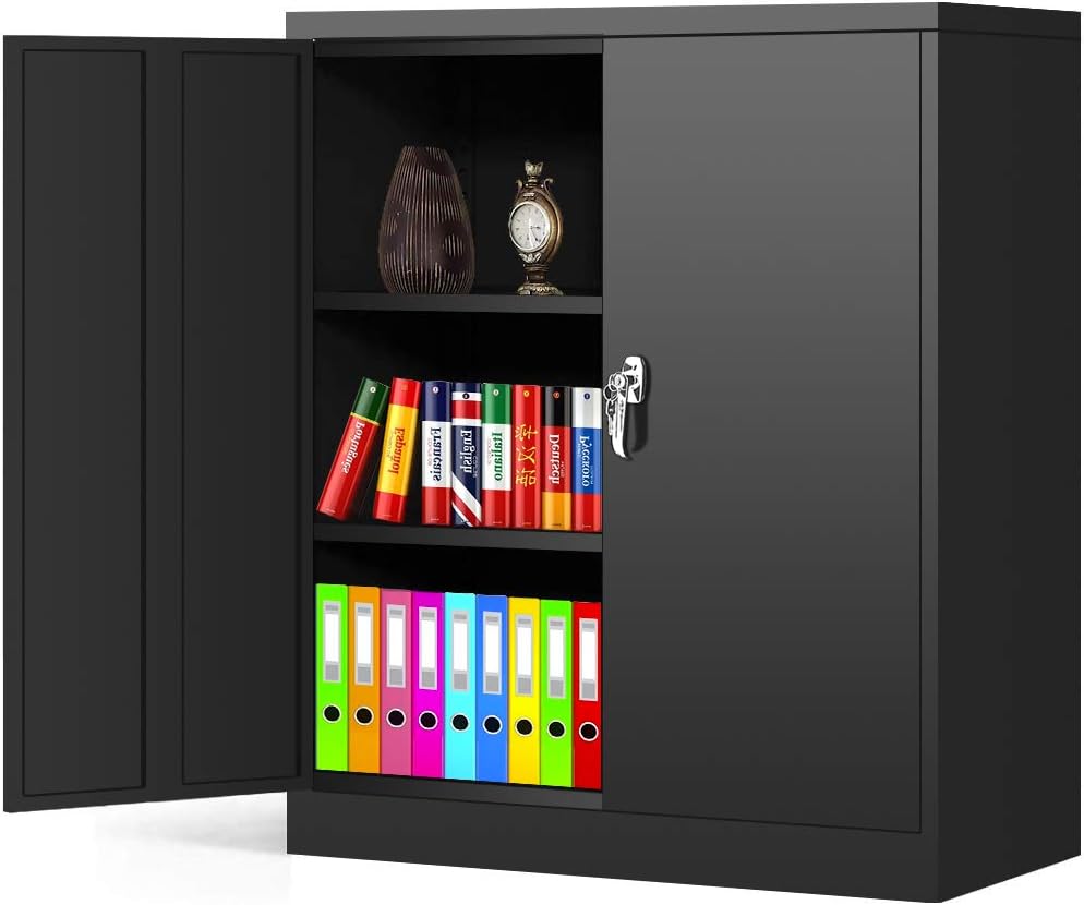 Black Metal Locking Storage Cabinet with 2 Doors and 2 Adjustable Shelves Q373348