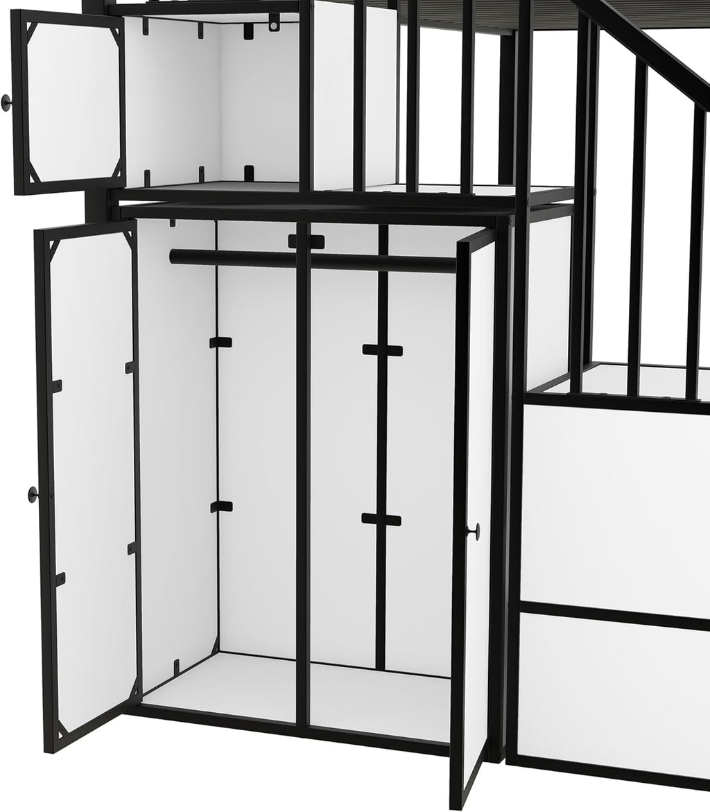 Black+White Twin Over Twin Metal Bunk Bed with Stairs and Storage U949