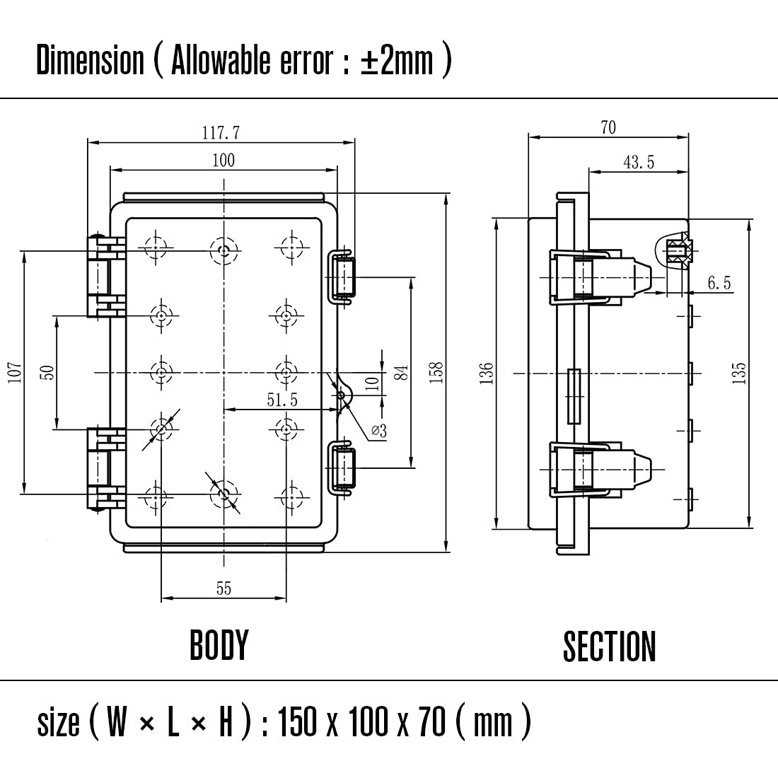 ABS Junction Box IP67 Waterproof Enclosure with Mounting Plate 5.9x3.9x2.8 inch Z43955
