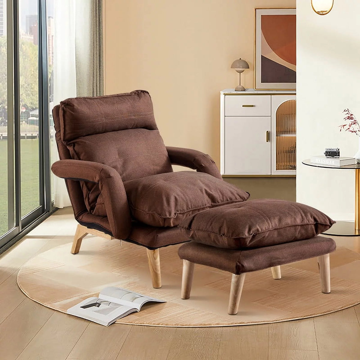 Brown Linen Accent Chair with Ottoman L843