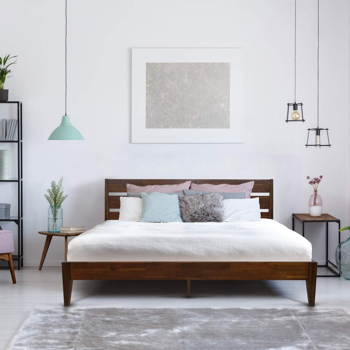 14 Inch Wood Platform Bed Frame with Headboard, Queen, Caramel H4694