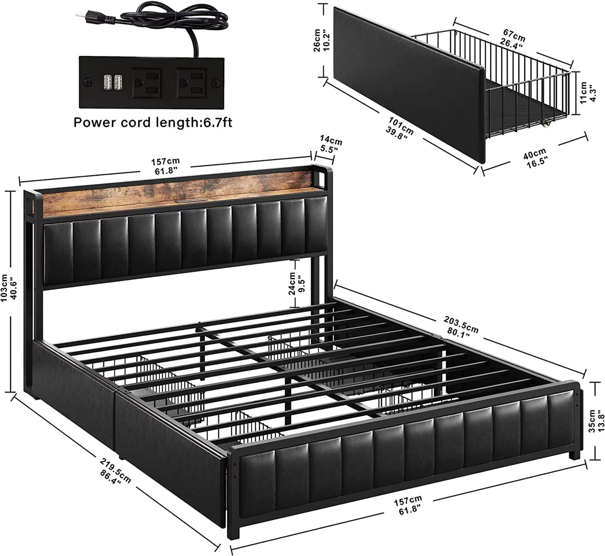 Queen Bed Frame with Storage Drawers Headboard N548