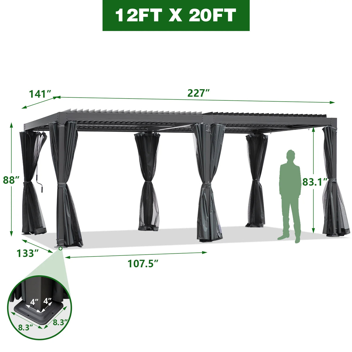 12'x20' Outdoor Louvered Pergola with Adjustable Aluminum Roof Q82074