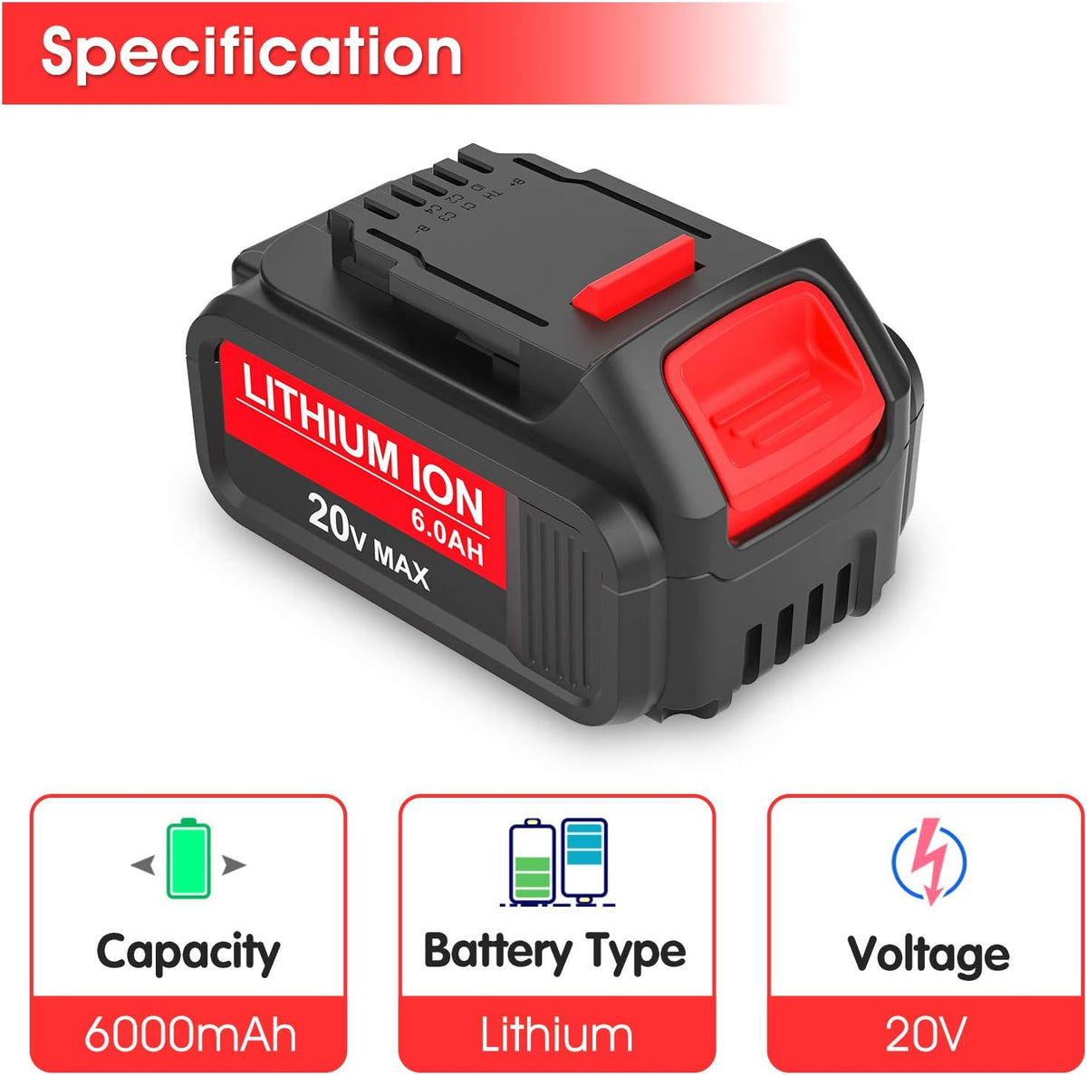 2 Pack 6.0Ah Replacement Battery for Dewalt 20V Max Lithium R795675