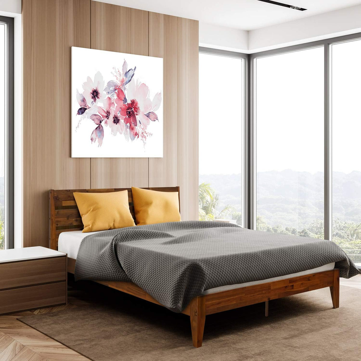 14 Inch Wood Platform Bed Frame with Headboard, Queen, Caramel H4694