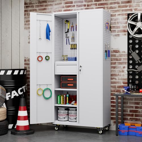 Metal Storage Cabinet with Wheels, 1 Drawer and 2 Adjustable Shelves, Black and White G466