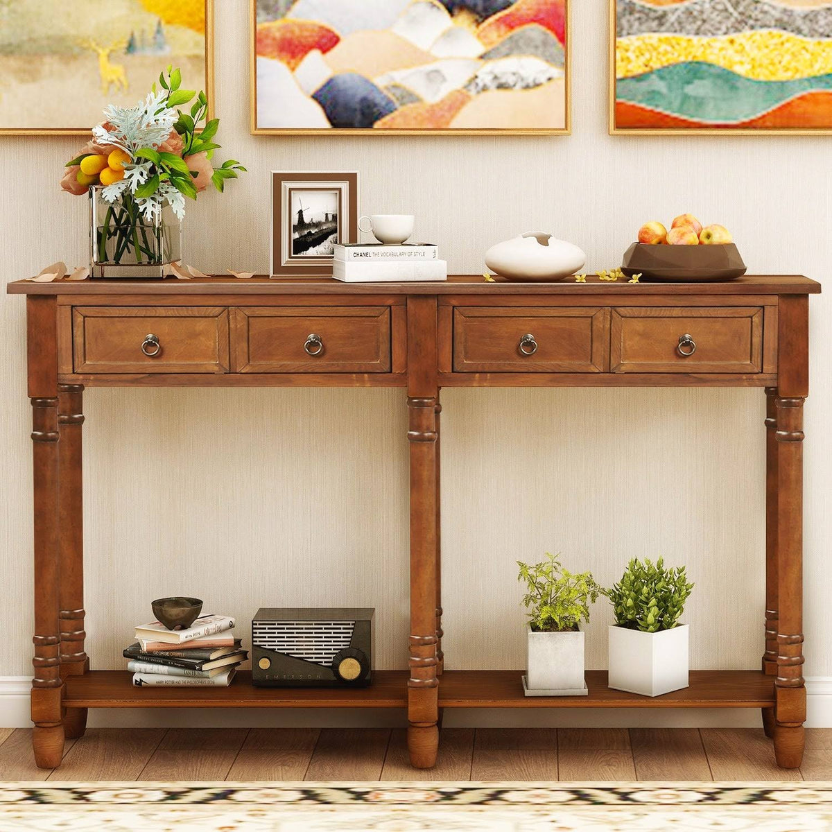 Walnut Rectangular Console Table with Drawers and Long Shelf P8329