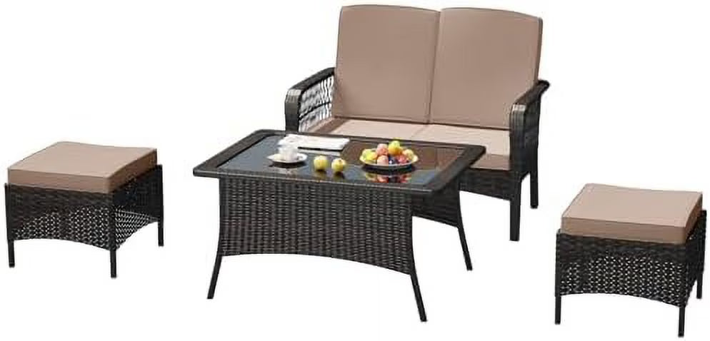 Sand 4PC Rattan Patio Conversation Set with Loveseat and Ottoman Z290788