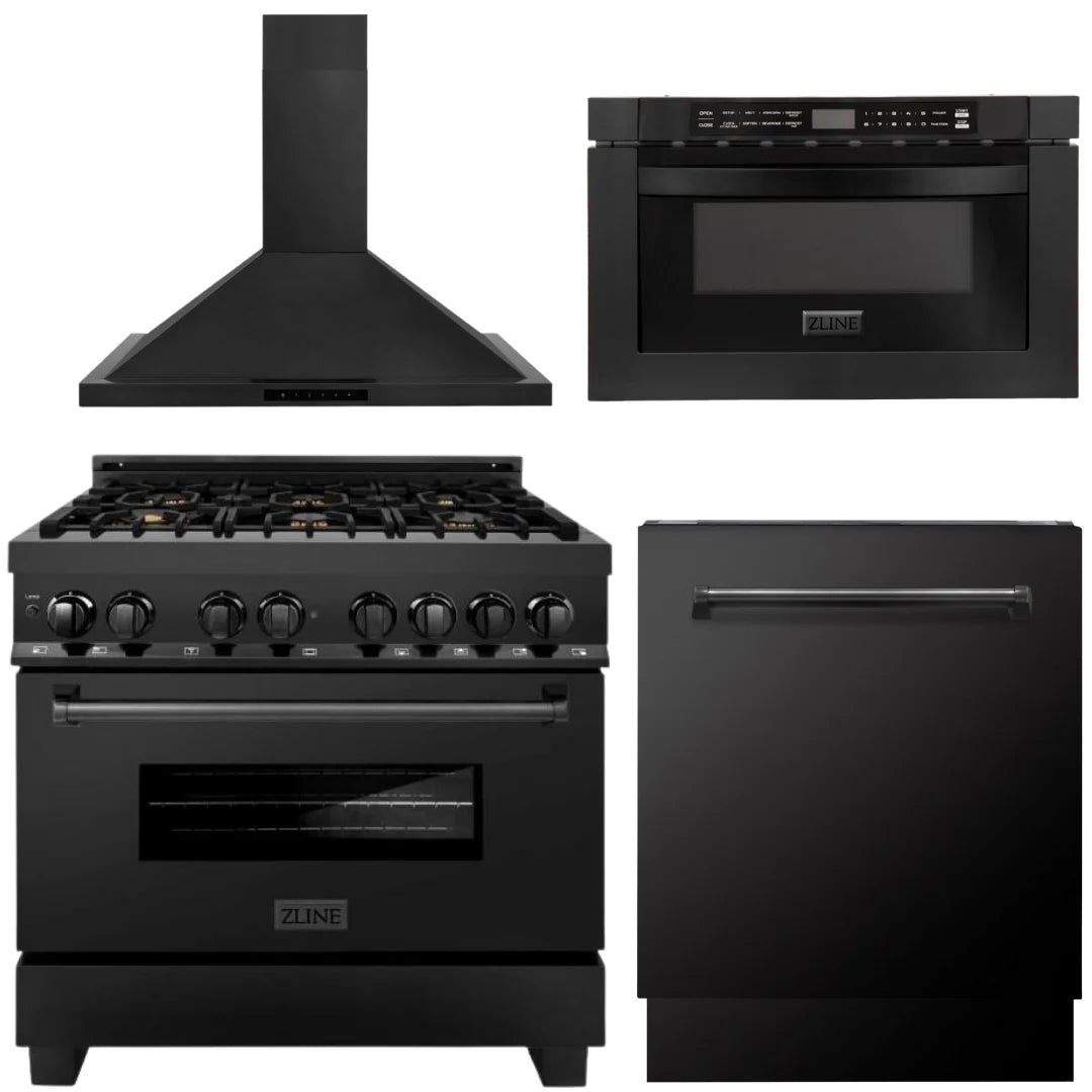 36 Dual Fuel Range, Range Hood, Microwave, Dishwasher in Black Stainless B6344